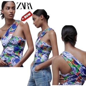 Zara blue floral flower one shoulder asymmetrical ruched bodysuit NWT